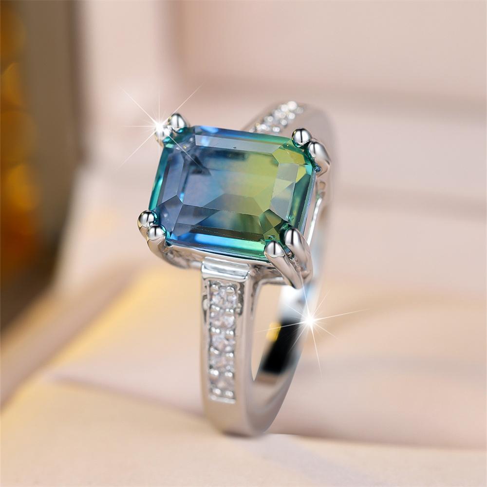Square Stone Blue Green Zircon Rings For Women Vintage Silver Color Engagement Ring Wedding Jewelry Bridal Valentine's Day Gifts