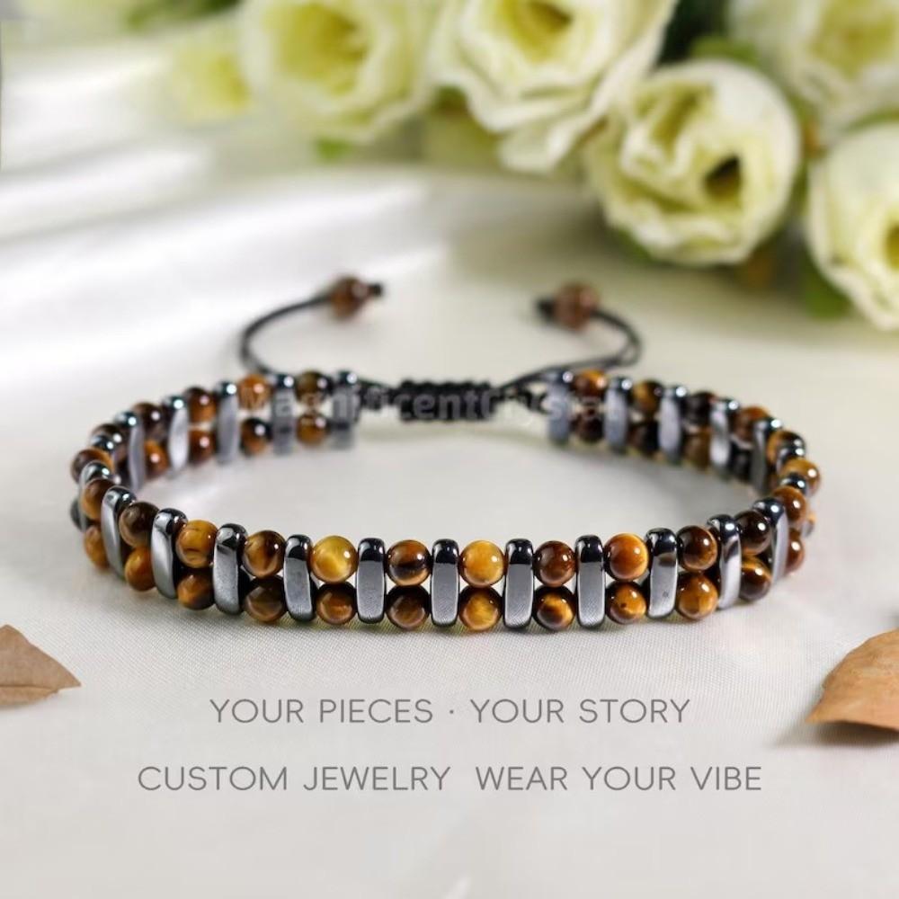 Retro Tiger Eye Stone Bracelet Adjustable Double Row Woven Bracelet Jewelry