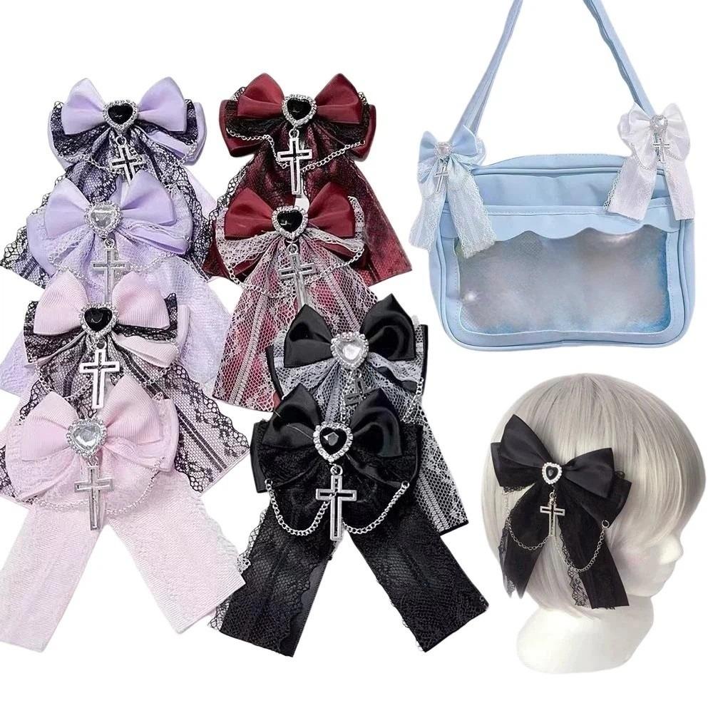 Cute Bow Cross Pendant Gothic Hair Clip Exquisite Lace Design Bag Charm Lolita Hair Accessories Japanese Style Y2K Hair Clip