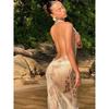 Outfitgirl Sexy Plaid Mesh Halterneck Bare Back Slim Fit Slit Print Dress Beach Vacation Dress