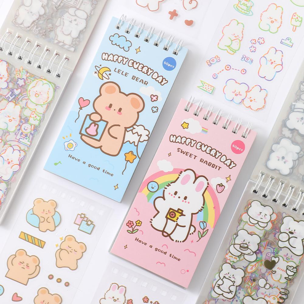 50 Sheets Cute Cartoon Stickers Set Scrapbooking Washi Stickers Waterproof PET Stickers DIY Decorating Journaling