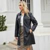 2023 European & American Mid-Length Belted Leather Trench Coat, Long Sleeve, British Style Outerwear for Women