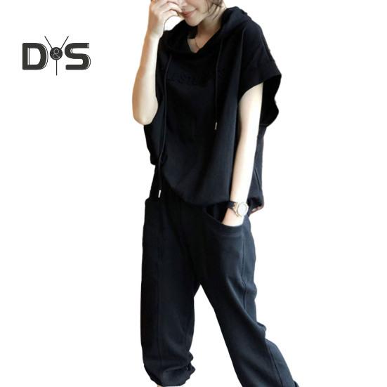 

2 шт./компл., комплект брюк с капюшоном, однотонный однотонный комплект с короткими рукавами и эластичной резинкой на талии на шнурке, свободные брюки с капюшоном на щиколотке, женский повседневный комплект брюк L чёрный