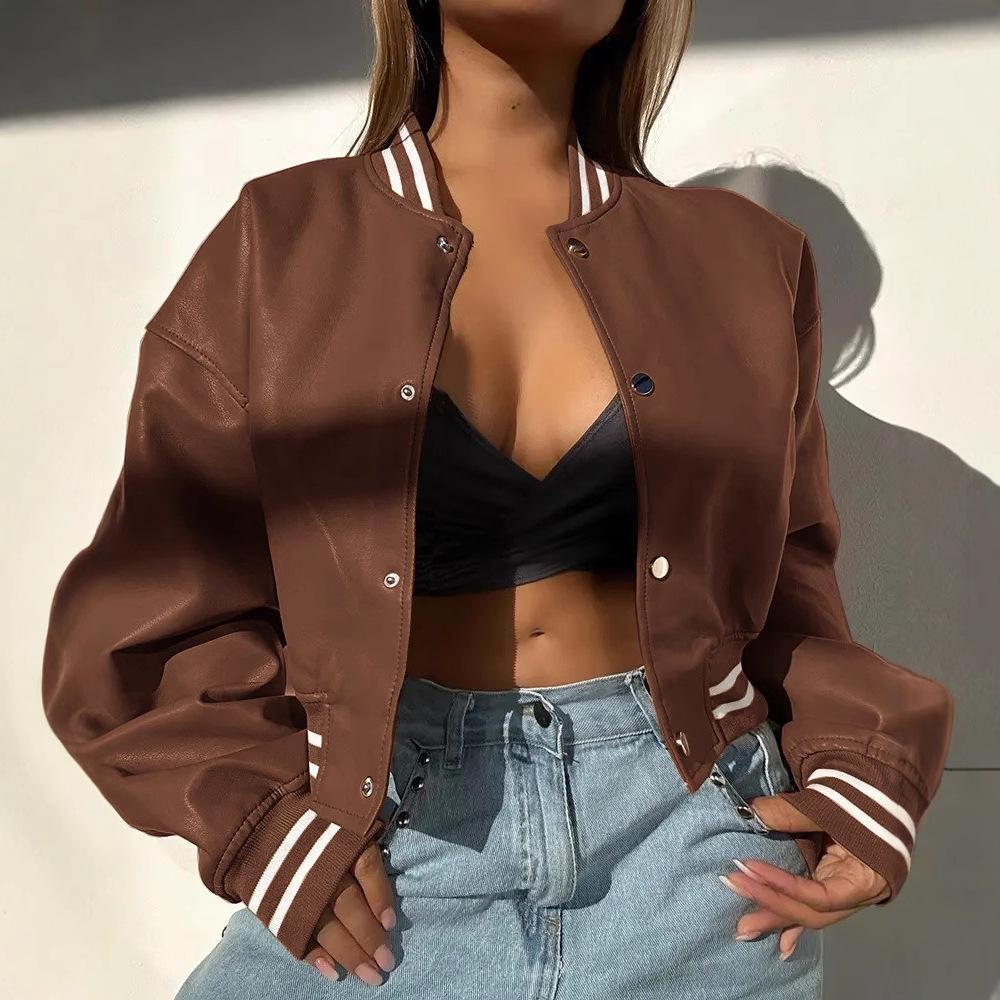 Europäische & Amerikanische Damen Herbst/Winter 2024 PU Leder Motorradjacke mit langen Ärmeln.