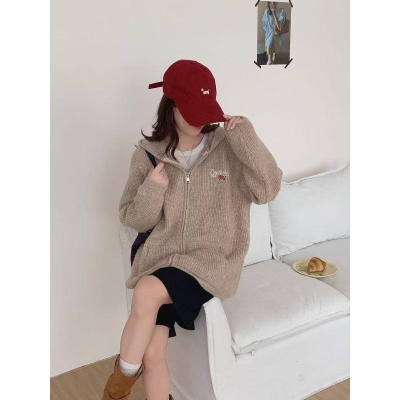 Vintage Zipper Hooded Embroidered Knitted Cardigan Autumn and Winter New Loose Casual Lazy Wind Sweater Jacket Women