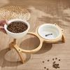 Raised Wooden Ceramic Pet Bowl, Double Elevated Cat Feeder with Removable Bowls, Anti-Spill, Neck Protection