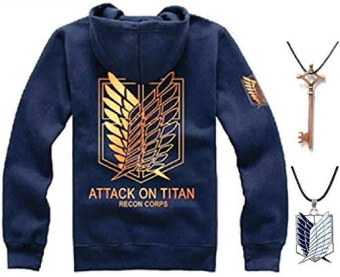 Attack on Titan Wings of Freedom Cosplay Costume Navy Blue with Gold Basement and Necklace (Size L, Wings) - 3-Piece Set Hoodie, Key,