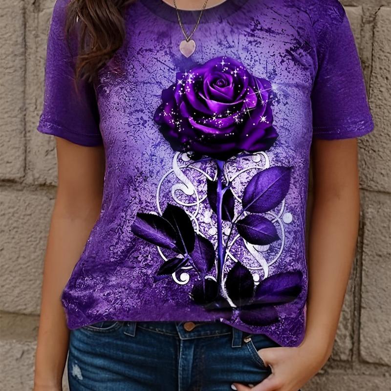 

Mysterious round neck short sleeved women s T-shirt, with a rich purple base and gorgeous purple rose pattern S