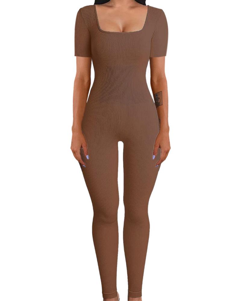 Women's Ribbed Square Neck Yoga Jumpsuit with Hip Lifting Slim Fit, Long/Short Sleeve