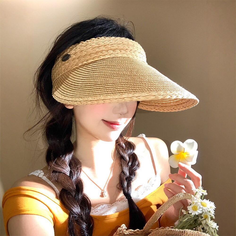 Big brim straw woven empty top sun protection hat women's summer photo vacation headband sun hat seaside beach sun hat