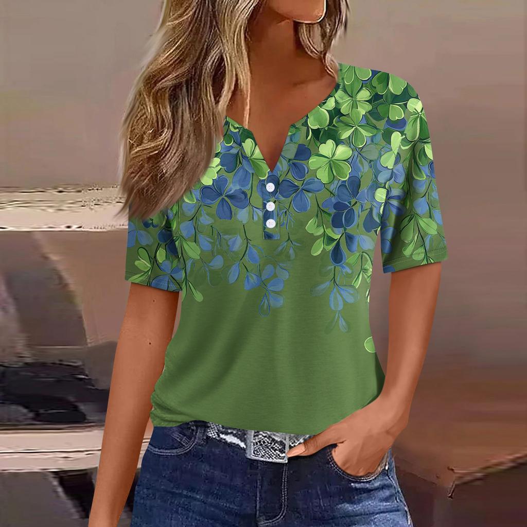 Women's T Shirt Tee Print Button Short Sleeve Daily Weekend Fashion Basic V- Neck Regular Top  St. Patrick's Day