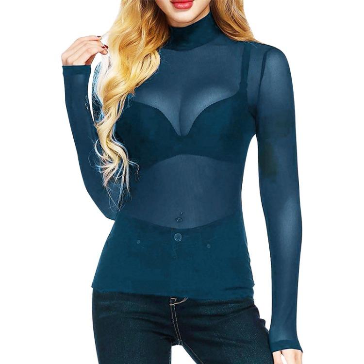 Sexy dámská letní síťovaná košile s dlouhým rukávem, elastický přiléhavý top s vysokým výstřihem, základní vrstva