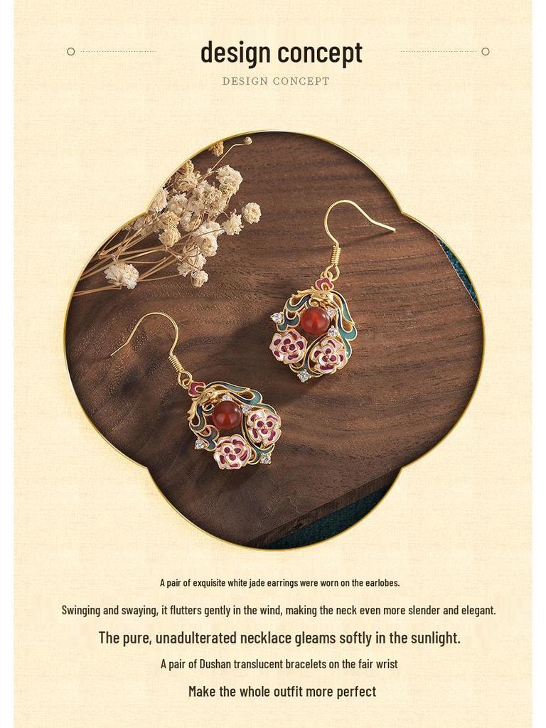 Guochao Cloisonné Enamel Chalcedony Stud Earrings for Women - Jingtai Blue Chinese Style Dangle with Cheongsam Influence