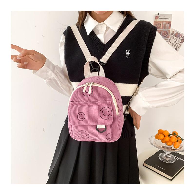 Smiley Face Cotton Backpack for Women, Soft Wavy Quilted Shoulder Bag with Handle, Street Style Casual Daypack