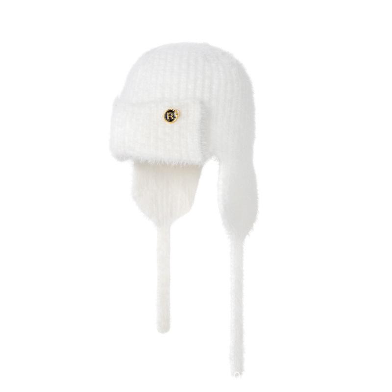 Women's Winter Autumn Faux Mink Fur Solid Color Ribbon Ear Flap Beanie Warm Knitted Lei Feng Hat Versatile for Students