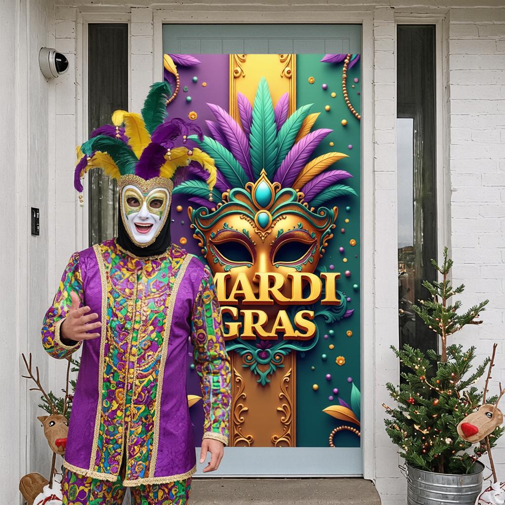 Mardi Gras Banner Beaded Decoration Carnival Display Bead Ornament Display Ornate Design Pom-pom Festival Backdrop For Indoor