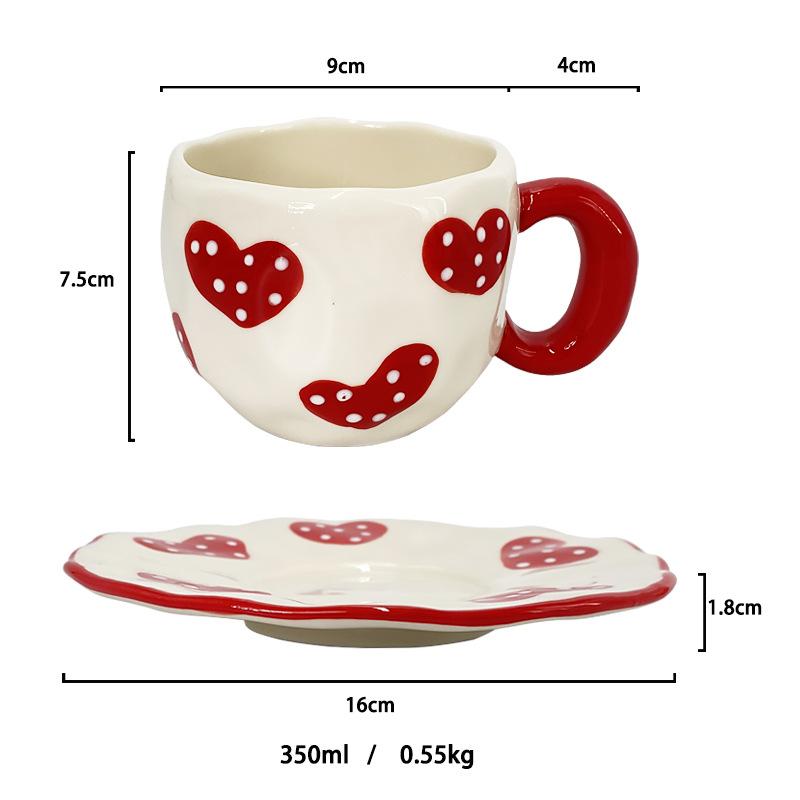 350ml Hand-painted Red Heart Ceramic Coffee Cup Dish Set High Beauty Large Capacity Latte Flower Cup Plate Creative Water Cup