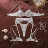 Sexy French Style White Floral Lace 3 Piece Lingerie Set Sheer Mesh Underwire Bra Garter Belt Thong Adjustable Leg Straps