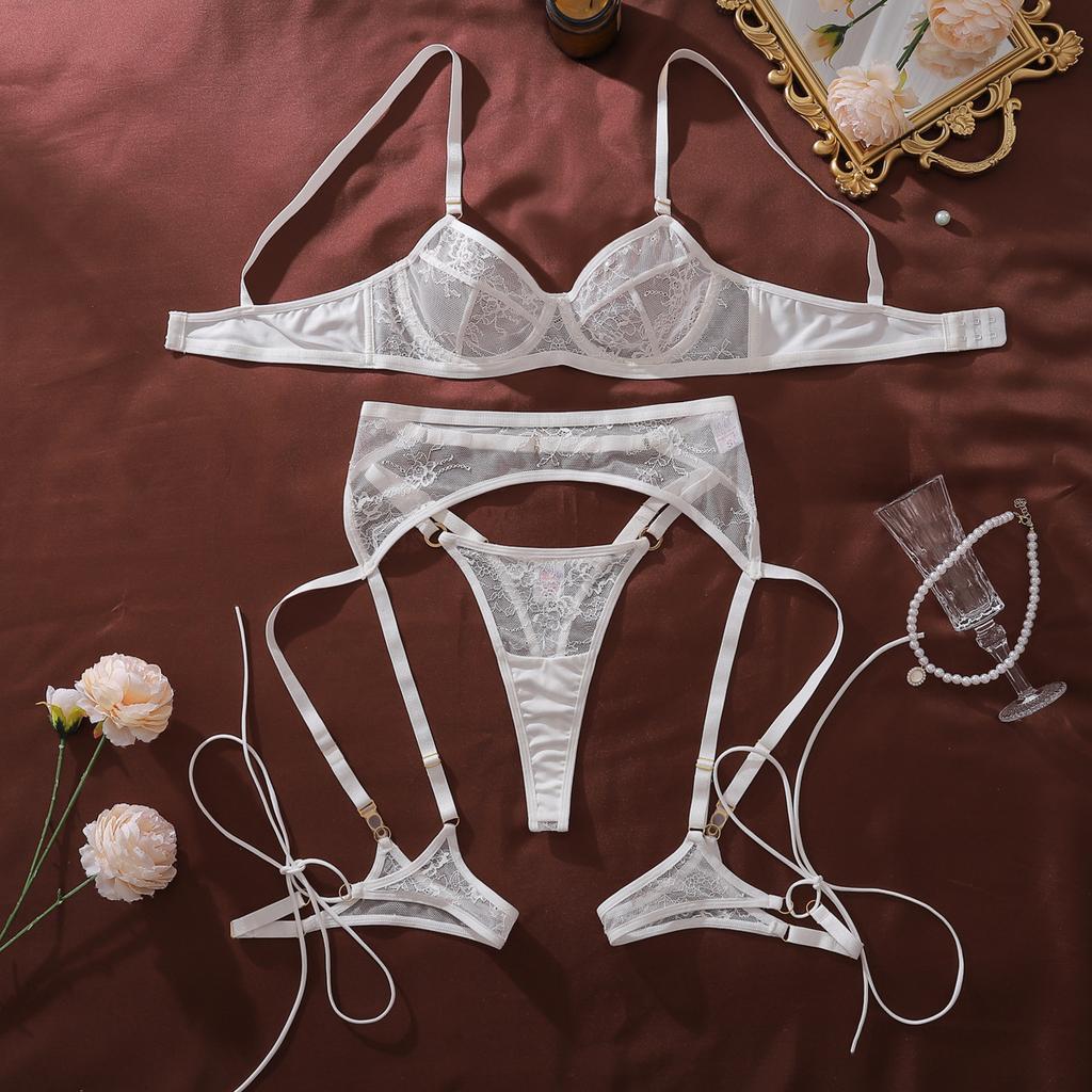 Sexy French Style White Floral Lace 3 Piece Lingerie Set Sheer Mesh Underwire Bra Garter Belt Thong Adjustable Leg Straps