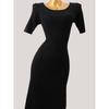 Summer Ice Silk Backless Slim fit Short sleeve Dress Rib Black Fashion Knitted A- line Skirt Women