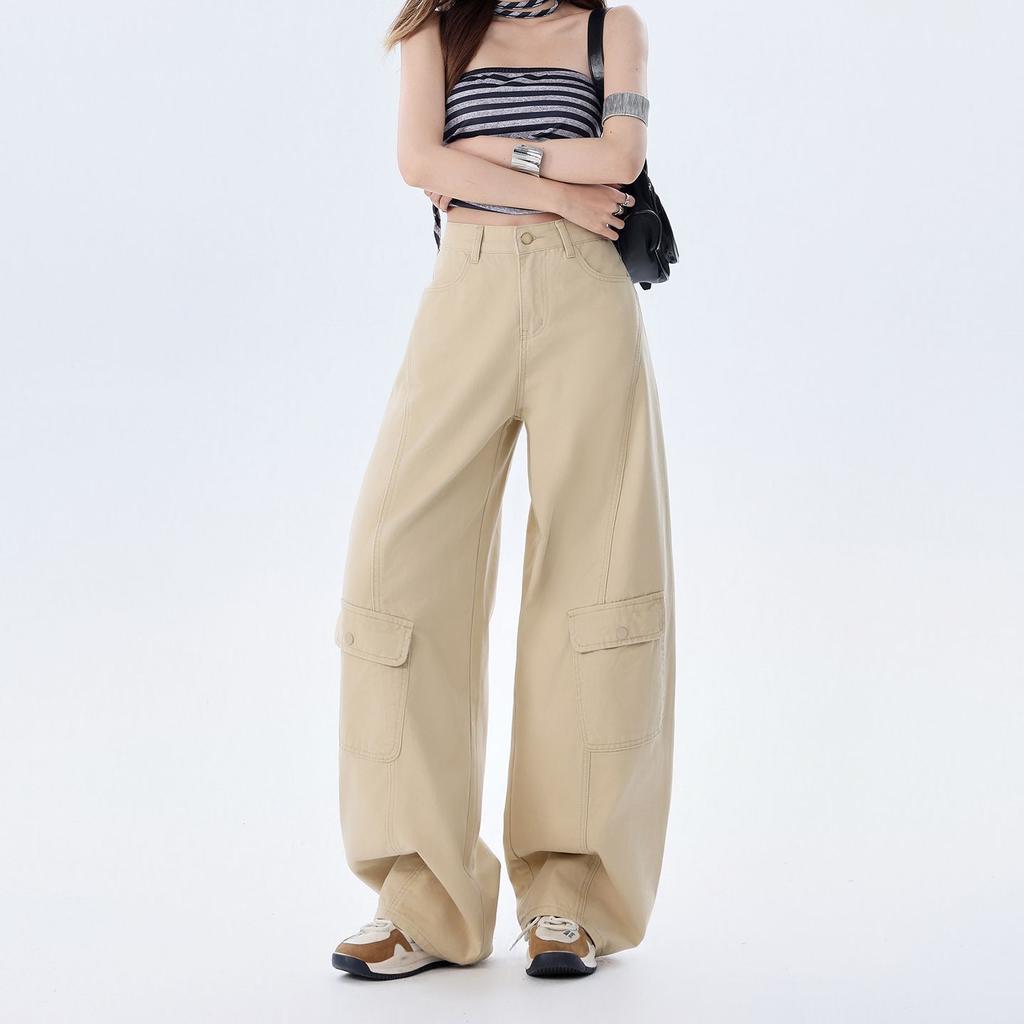 Early Spring Pure Cotton Military Green Comfort Relax Drape Saber Cut Scythe Cargo Denim Pants For Ladies Casual Pants Oversize Denim Trousers