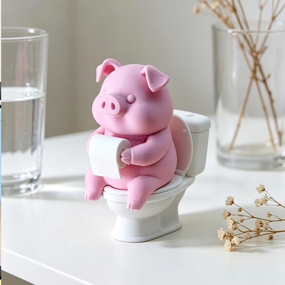 Cartoon Pig Figurine 3D Printed Toilet Pig Decoration Novelty Pig Sitting on Toilet Gift