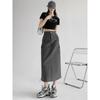 Carga Midi Saia Feminina Verão Fino Cintura Alta Fenda A-line Saia Costura Cordão Feminino Streetwear Vintage Y2K Cinza