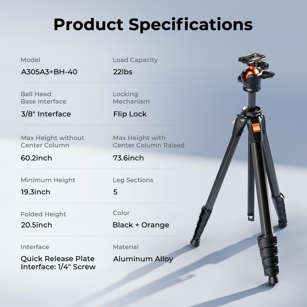 K&F CONCEPT 73" Aluminum Compact Camera Tripod Portable Travel Tripod for iPhone 22 lbs Capacity Arca Swiss Ball Head for Camera