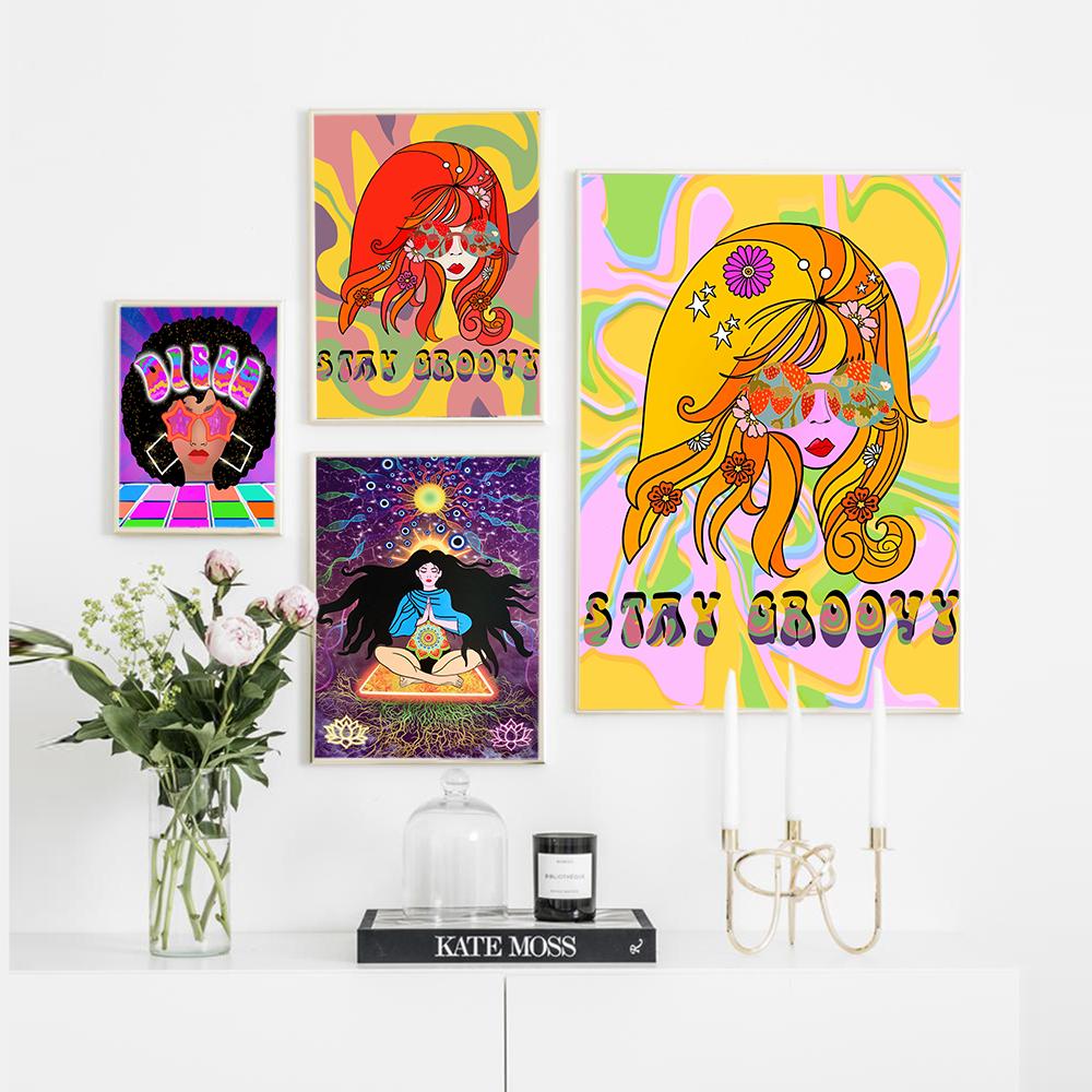 Böhmisch Retro Psychedelisches Poster 60er 70er Disco Bunt Leinwandmalerei Abstrakt Yoga Pose Wandbild Wohnzimmer Heimdeko
