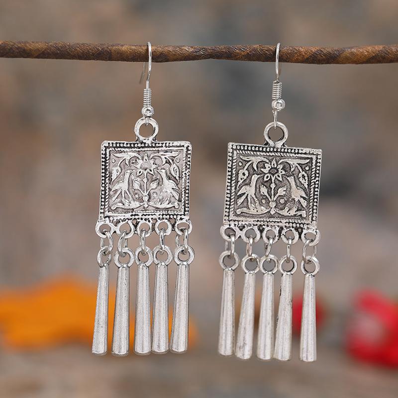 Retro Tibetan silver fringed earrings women's long temperament versatile earrings fashion personality vacation earrings