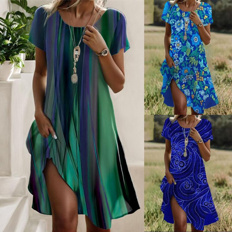 Women's Fashion Summer Spring Polka Dot Print Short Sleeve O-Neck Loose Waistline Casual Dresses