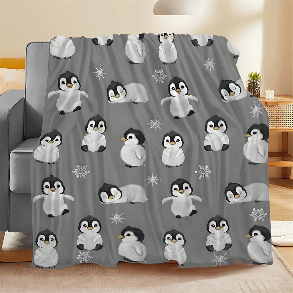 1pc Penguin print flannel blanket gray fun abstract pattern for children and adults universal blanket bed sofa multifunctional