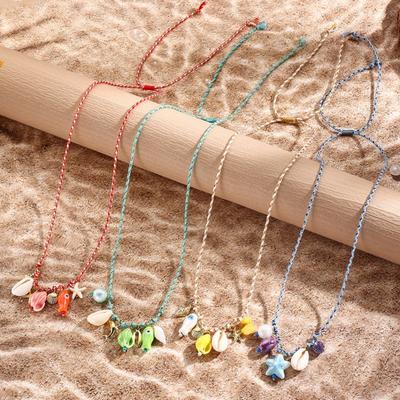 Collar con colgante de concha de cerámica para mujer, collar ajustable de cuerda trenzada con grava irregular, tema oceánico, joyería boho de playa