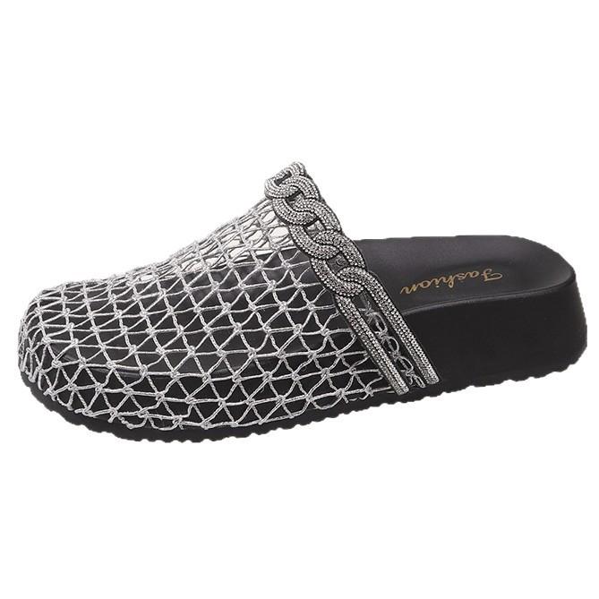 Baotou fishing net half slippers women's outer wear 2025 summer new thick-soled Roman hollow breathable comfortable beach cool slippers
