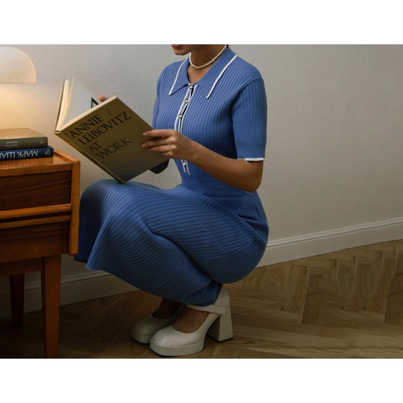 Women's Polo Collar Ribbed Knit Dress with Pearl Buttons and White Trim In Blue and Beige