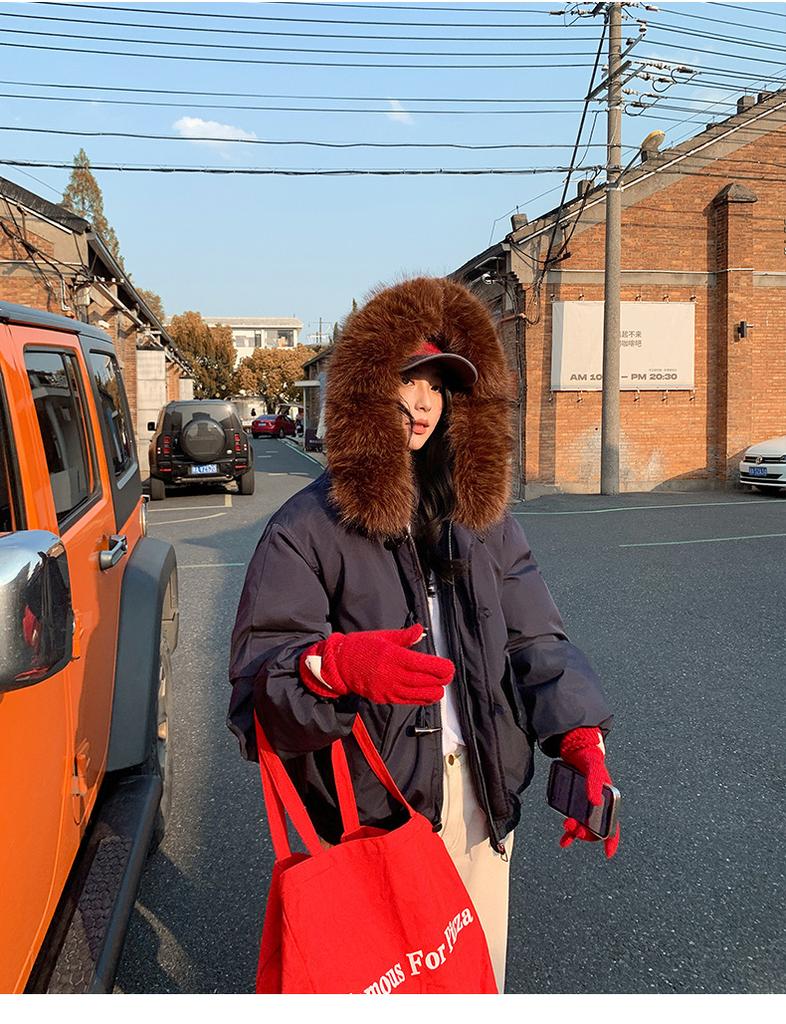 Women’s Short Hooded Windproof Thicken Warm Winter Jacket With Big Fur Lapel