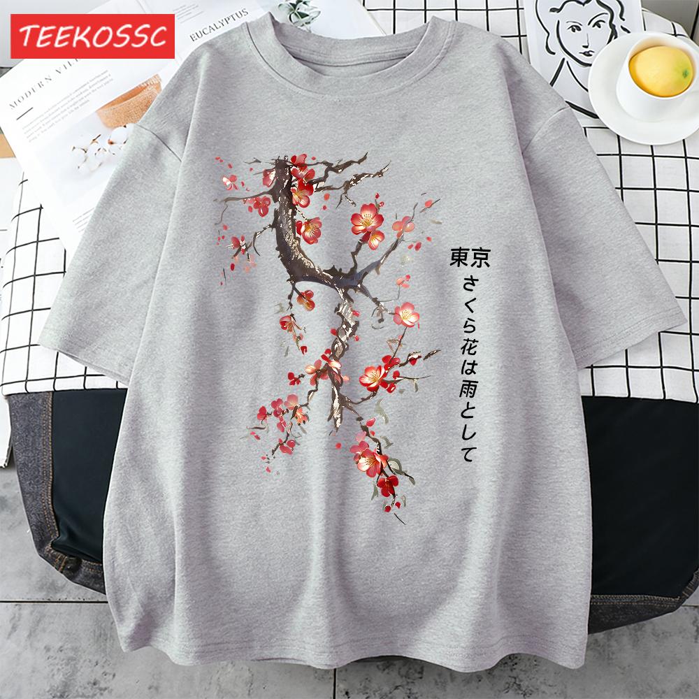 Cherry Blossoms And Rain In Tokyo Men Retro TShirt Casual Cotton Tee Loose Hip Hop Clothes Male ONeck Comfortable Short Sleeve