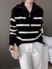 Korean Style Color Block Striped Cashmere Sweater with Half-Zip and Turn-Down Collar for Women