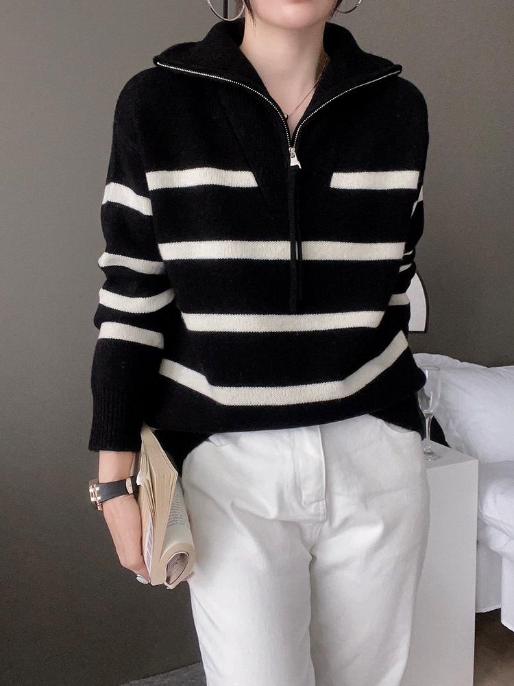 Korean Style Color Block Striped Cashmere Sweater with Half-Zip and Turn-Down Collar for Women
