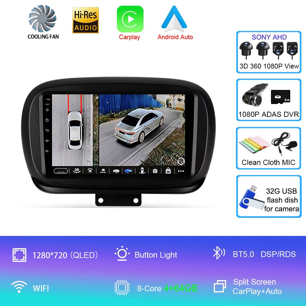 Car Radio Android 14 Carplay Auto for Fiat 500X 2014-2020 Multimedia Video Player Navigation GPS Stereo WIFI+4G 2 Din 2din DVD
