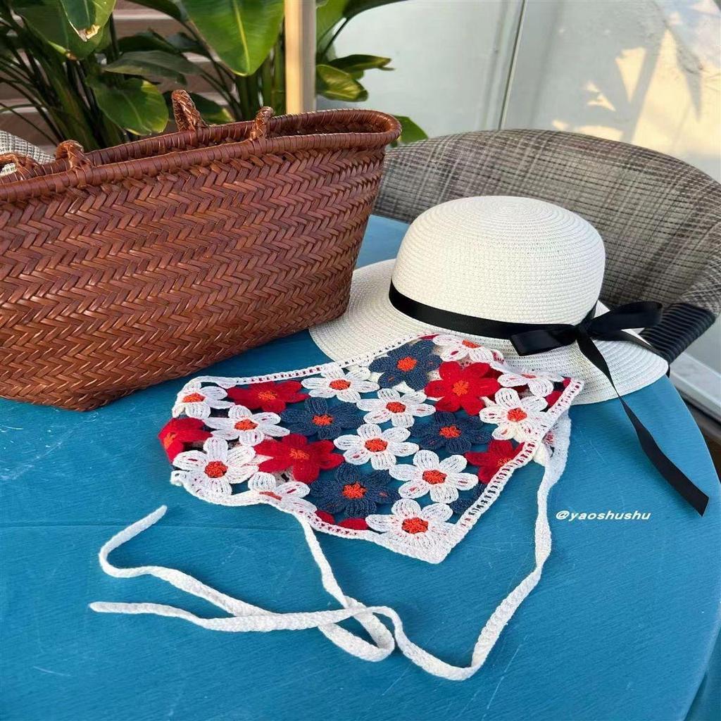 Korean Style Knitted Crochet Triangle Scarf: Women's Sweet Flower Headscarf Hat
