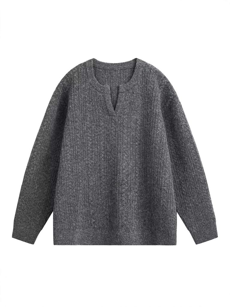 Men’s Retro V-Neck Cable Knit Sweater - Loose Fit, Solid Color, Autumn/Winter Pullover