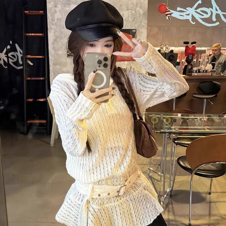 Korean Lace Ruffle Hooded Sweatshirt Dress - Sheer Long Sleeve, Spring 2026