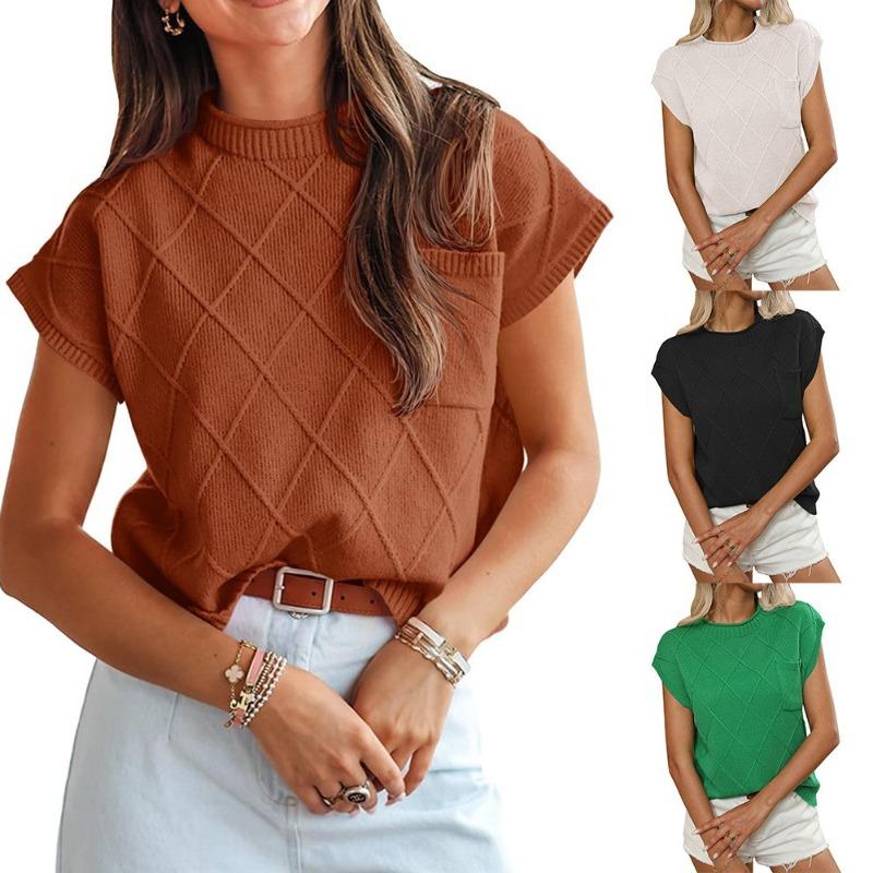 Women's Round Neck Pocket Decoration Diamond Grid Short Sleeved Sweater for Women Shirt