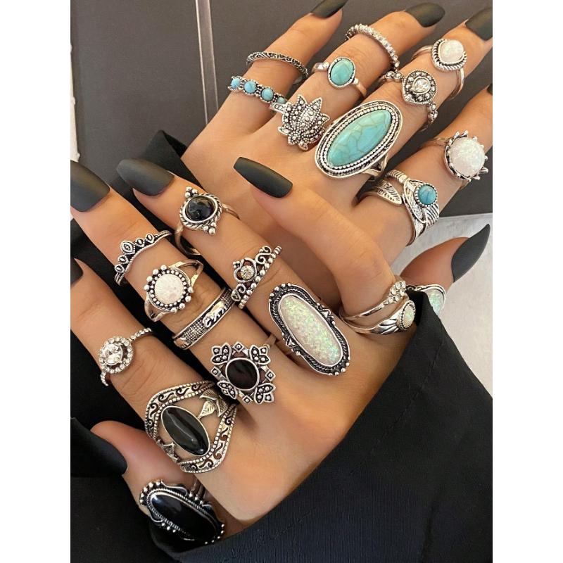 39pcs Bohemian Vintage Style Ring Set - Mixed With Simulated Diamond & Crystal, Suitable For Daily Fashion And Festival Nights (No Box)