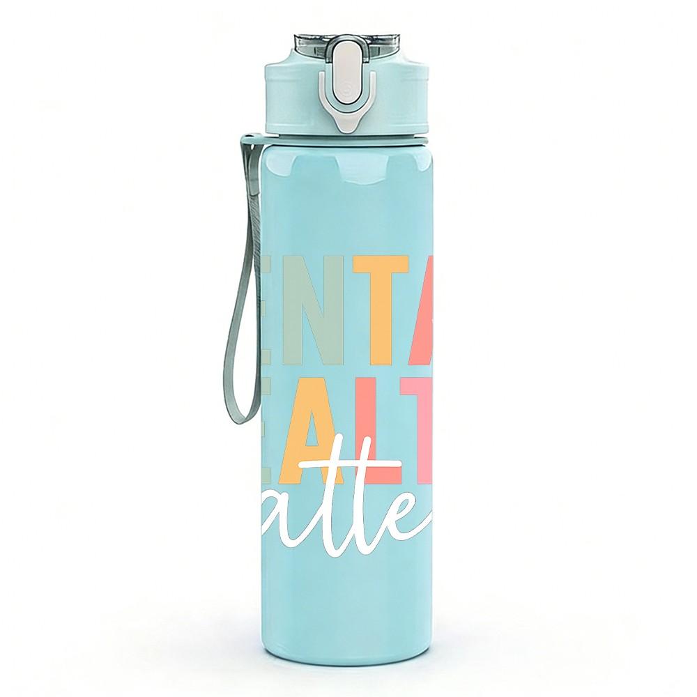 1PC Mental Health Color Letter Print 750ml Color Plastic Sports Water Bottle Leakproof Flip Straw Lid Suitable for Sports Office Home Use
