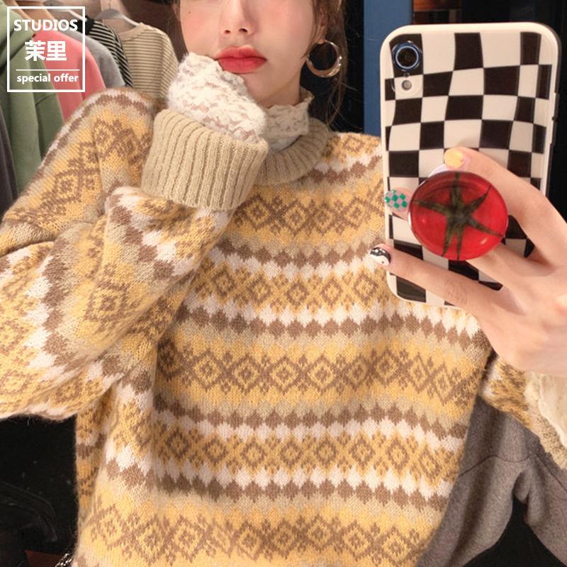 Autumn and Winter Warm Daily Loose Knitted Sweater Female Retro Casual Diamond Plaid Sweater Female