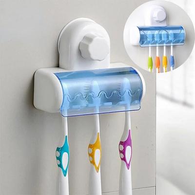 Shuangqing Suction Cup Five Position Toothbrush Holder with Transparent Cover, Dust-proof Washbasin, Wall Mounted Toothbrush Storage Rack