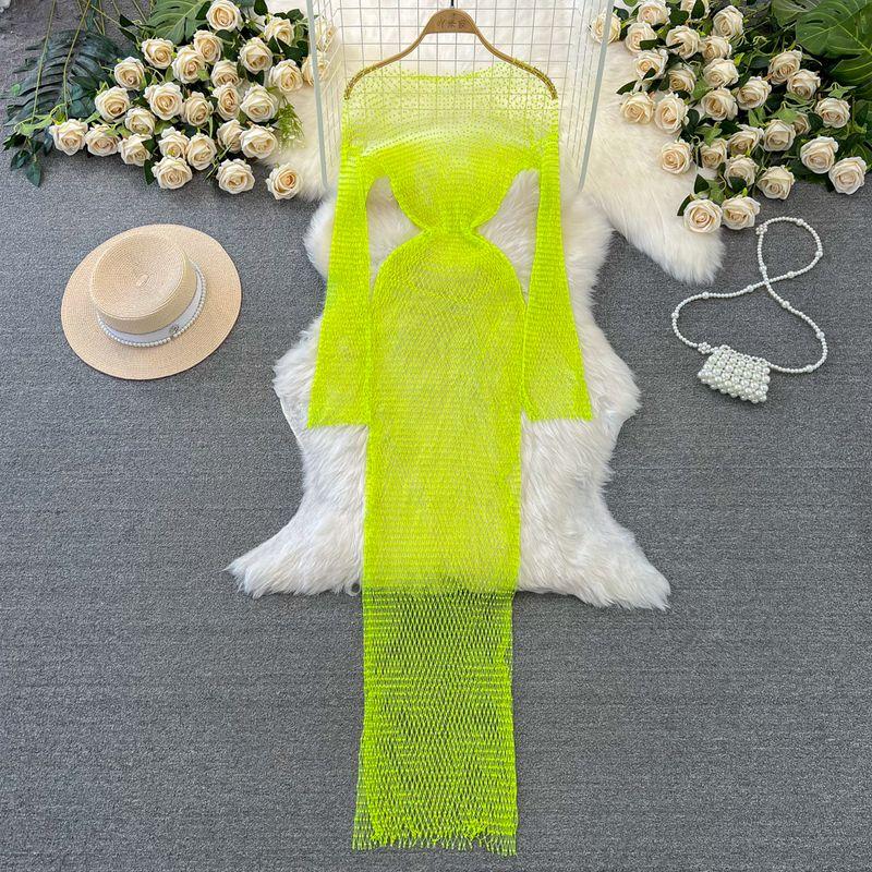 

Fashion Ladies Long Sleeves Hollow Jeweled Dress Mesh Yellow One size