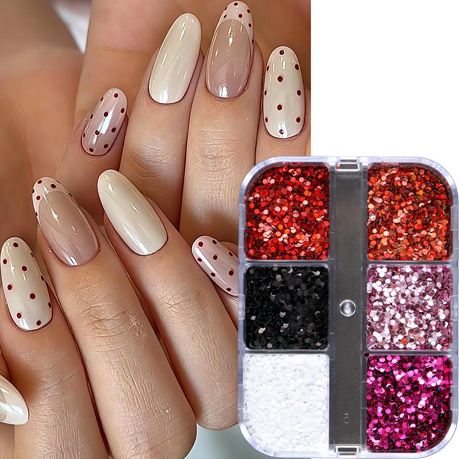 Xiaomi 6 Grids Polka Dot Nail Art Sequins Red Pink Black White Round Dot Nail Glitter Flakes Confetti Manicure Nail Charms Decorations